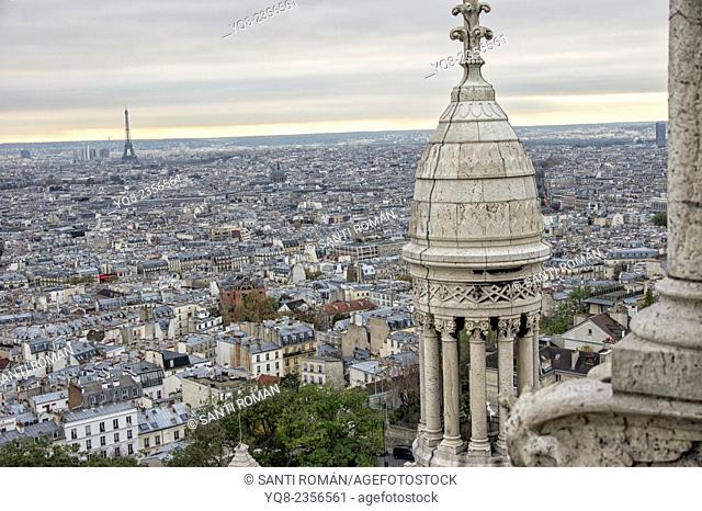 Paris skyline, view from Sacre Coeur basilica dome, , Detail of basilica Sacre Coeur under clouded sky, Montmartre, Paris, France, Europe