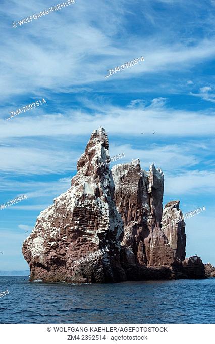 View of the guano covered Los Islotes Islands, Sea of Cortez in Baja California Mexico
