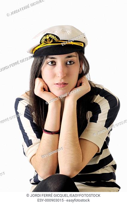 Girl in sailor dress on white background