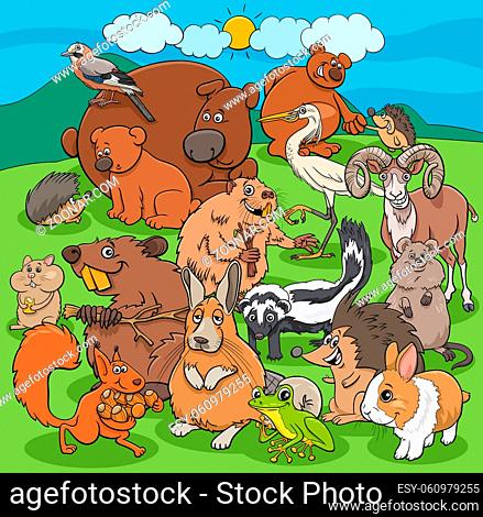 Cartoon illustration of comic wild animals characters group