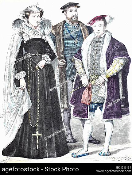 Folk traditional costume, clothing, history of costumes, Mary of Scotland, Earl Douglas of Angus, Edward VI England, 16th century