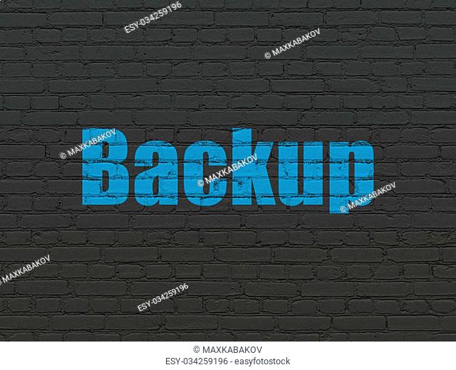 Database concept: Painted blue text Backup on Black Brick wall background