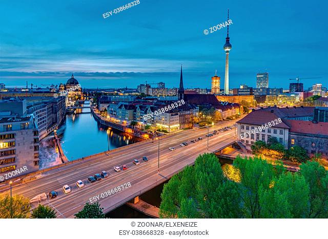 The center of Berlin with the famous television tower at dusk