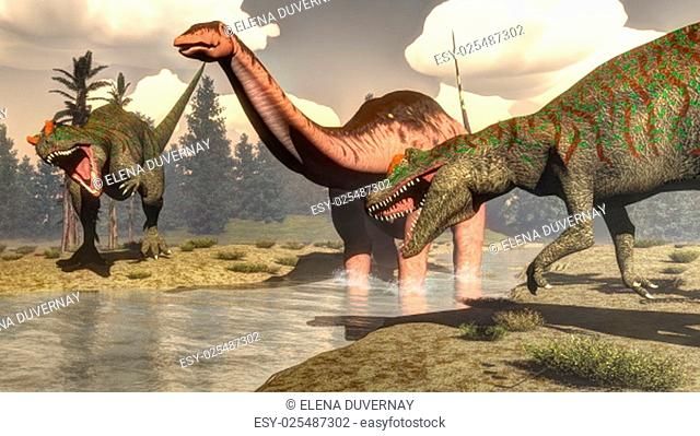 Two allosaurus hunting big brontosaurus, apatosaurus, dinosaur standing in the water next to tempsky trees and epicea forest - 3D render