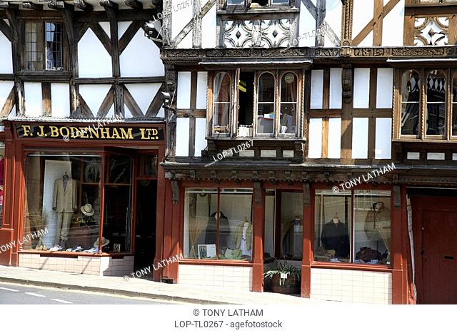 England, Shropshire, Ludlow, The Georgian exterior of a mens outfitters in Ludlow