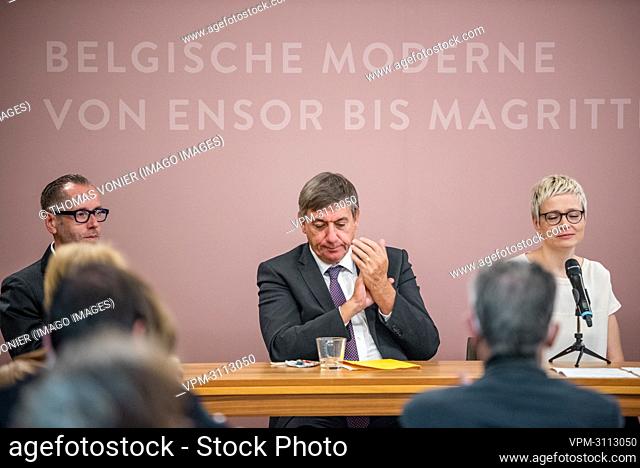 Kunsthalle chairman Roger Diederen, Flemish Minister President Jan Jambon and Kunsthalle curator Nerina Santorius pictured during a press conference at...