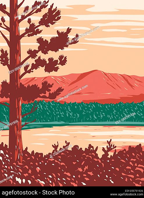 WPA poster art of Mount Katahdin, Maine North Woods and river flowing in Katahdin Woods and Waters National Monument within Penobscot County