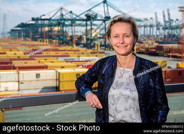 Antwerp harbor alderwoman Annick De Ridder poses for the photographer at a press conference after the arrival of the 'MSC Tessa' container ship in Antwerpen