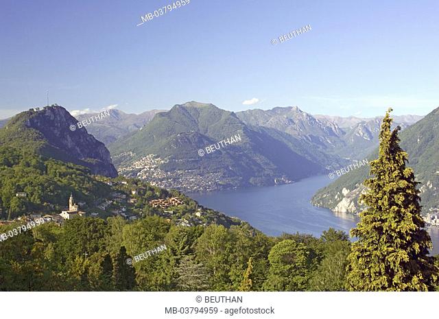 Switzerland, Tessin, park San Grato,  View, Luganer sea, highland,  Carona, church San Giorgio,  Location botanical garden, tourism, destination, sight, nature
