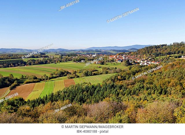 View from the Burgruine Landsee castle ruins on Landsee village, Natural Park Landseer Berge, Oberpullendorf District, Burgenland, Austria