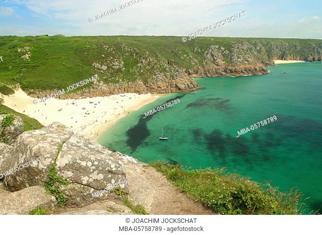 Cornwall, Southern England, Great Britain, fog and coastal landscape on the South-West-Path between Porthcurno and Land's End