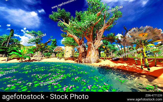 African baobabs and lush vegetation in Madgascar