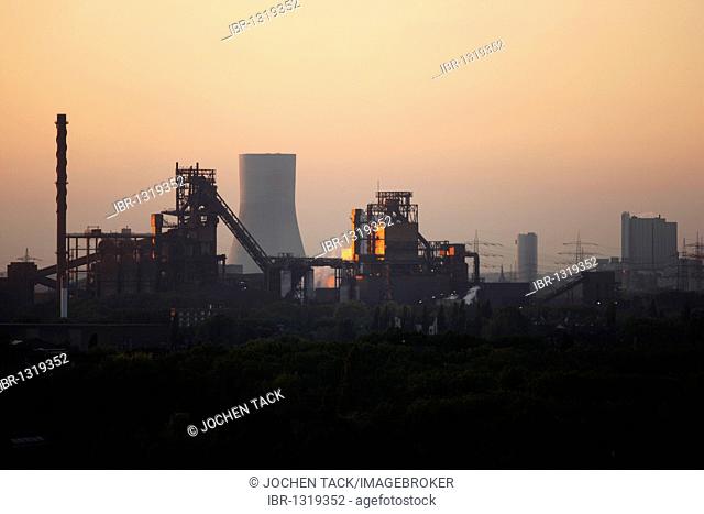 Thyssen-Krupp Blast Furnace Complex in Duisburg-Beeckerwerth, Bruckhausen, in front of the cooling towers of Walsum coal-fired power plant, Duisburg
