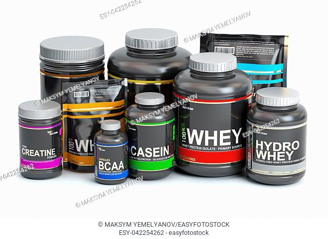 Sports nutrition (supplements) for bodybuilding. Whey protein casein, bcaa, creatine isolated on white background. 3d illustration