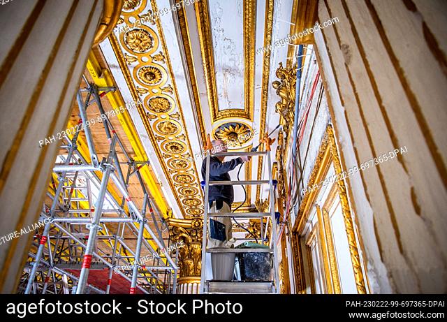 22 February 2023, Mecklenburg-Western Pomerania, Ludwigslust: A restorer cleans the gilded wall decorations in the Golden Hall of Ludwigslust Palace