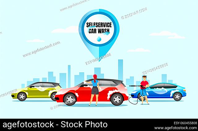 Self service car wash flat color vector illustration. Couple cleaning own auto 2D cartoon characters with cityscape on background