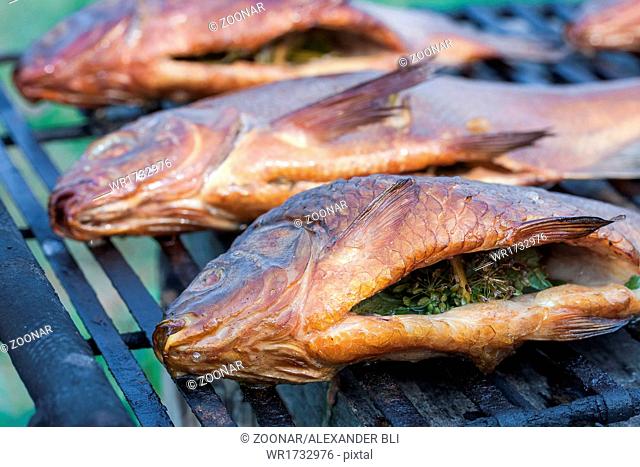 Beautiful freshly cooked smoked fish at the outdoor