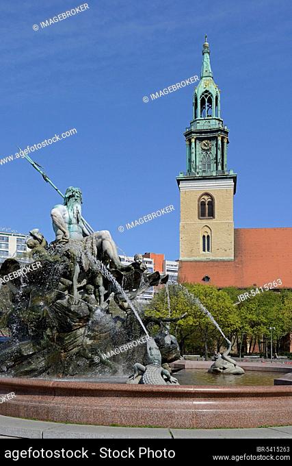 Neptune Fountain at Alexanderplatz, St. Mary's Church, Berlin, Germany, Europe