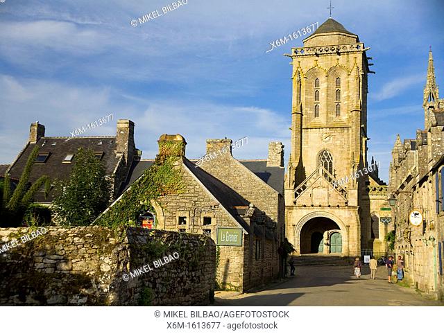 Street view and St Ronan church  Locronan Lokorn in Breton Finistère department in Bretagne in northwestern France