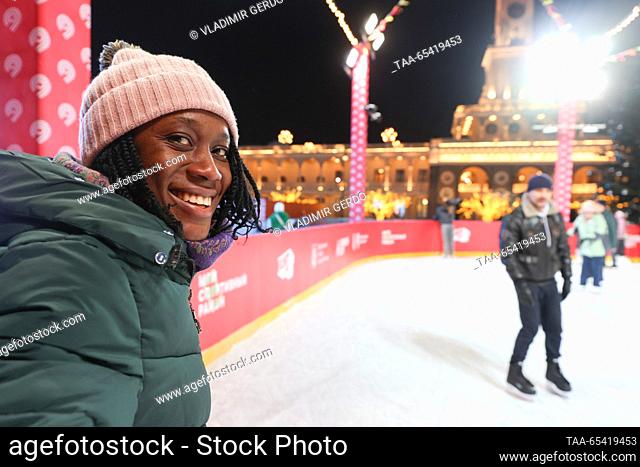 RUSSIA, MOSCOW - DECEMBER 2, 2023: A student of Haiti ice skates on an ice rink at North River Terminal. Vladimir Gerdo/TASS