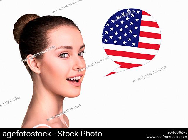Beautiful woman speak.Bubble with USA flag. Isolated background