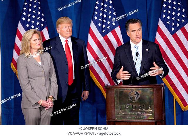 Republican presidential candidate Mitt speaks after Donald Trump endorsed Romney’s presidential bid Feb. 2, 2012, at the Trump International Hotel in Las Vegas