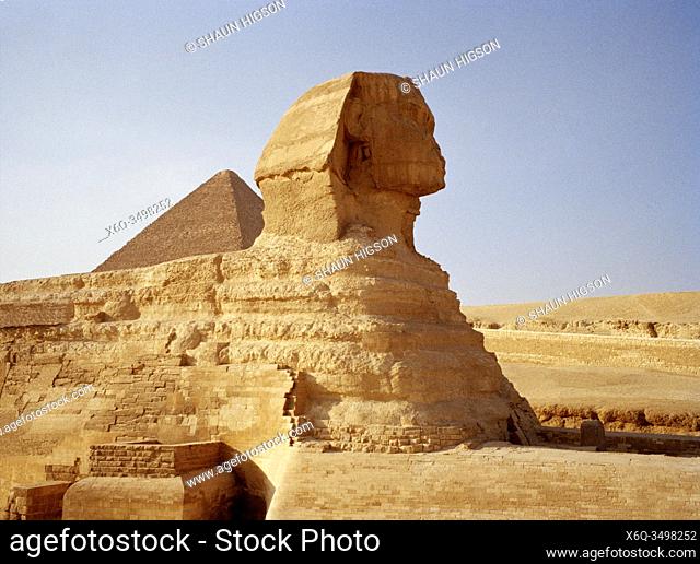 The Sphinx and the Great Pyramid Cheops Khufu at the Pyramids of Giza in Cairo in Egypt in North Africa