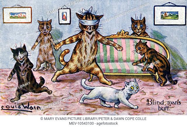 Blind Man's Buff. Artist: Louis Wain. Happy cats having fun with a traditional game