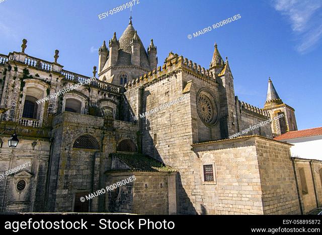 Close up view of the Cathedral Church of Se located in Evora city, Portugal
