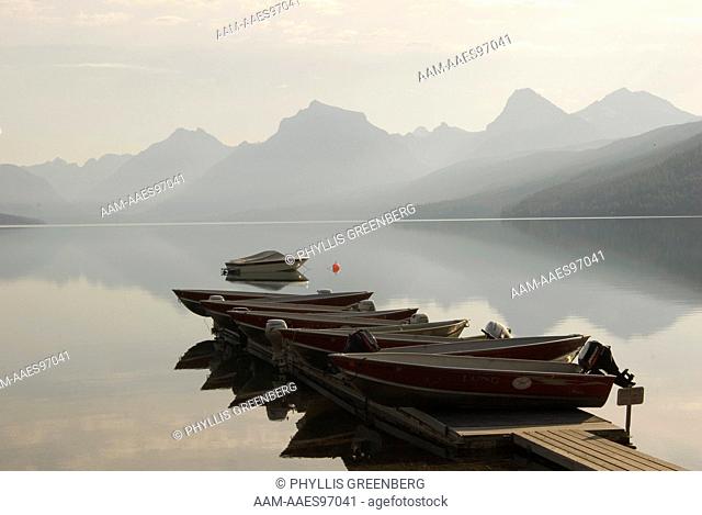 Boats in Lake McDonald in early morning mist, Apgar Village, Glacier National Park, MT  2007  Digital Capture