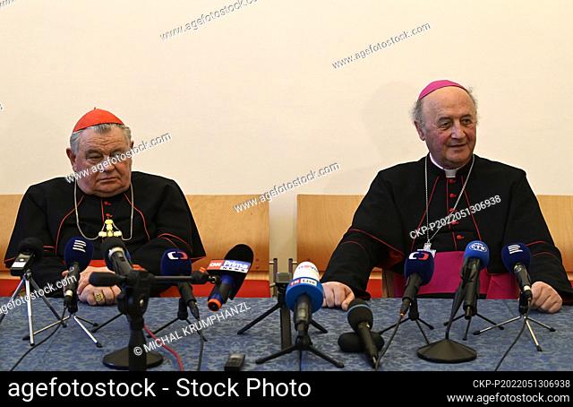 Cardinal and Prague Archbishop Dominik Duka, left, and his successor Olomouc Archbishop Jan Graubner, right, give the press conference on May 13, 2022