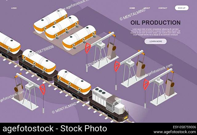 Abstract isometric oil production and transportation concept with the oil rigs, railroad tank cars and the locomotive that pulls the wagons with oil products