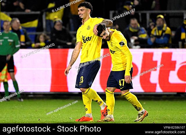 Union's Mohamed Amoura celebrates after scoring during a soccer match between Royale Union Saint-Gilloise and KV Mechelen, Sunday 17 December 2023 in Brussels