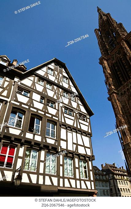 Half Timbered House and Cathedral in Strasbourg, Alsace, France