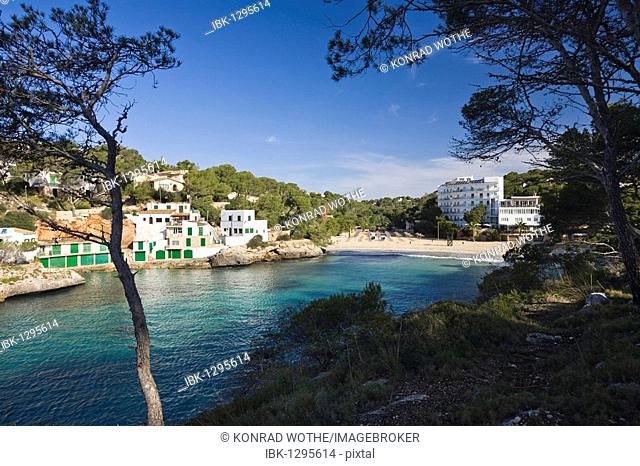 Bay and hotel of Cala Santanyi, Mallorca, Majorca, Balearic Islands, Spain, Europe