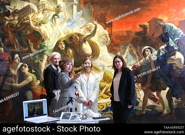 RUSSIA, ST PETERSBURG - DECEMBER 21, 2023: The museum's officials give a press briefing on the start of restoration of Karl Bryullov's history painting The Last...