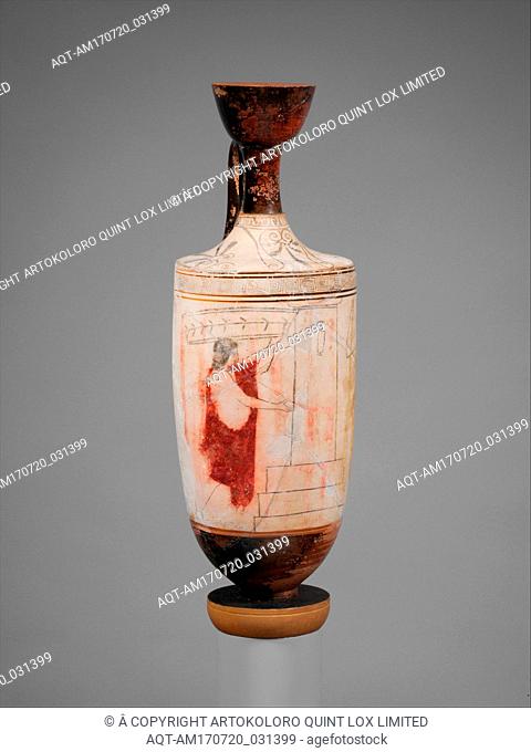 Terracotta lekythos (perfume flask), Classical, ca. 460 B.C., Greek, Attic, Terracotta; red-figure, white-ground, H. 13 3/8 in