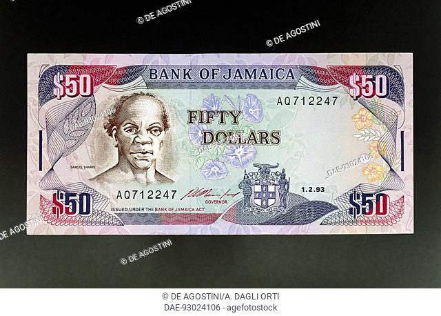 50 dollars banknote, 1993, obverse, Samuel Sam Sharpe (1801-1832). Jamaica, 20th century