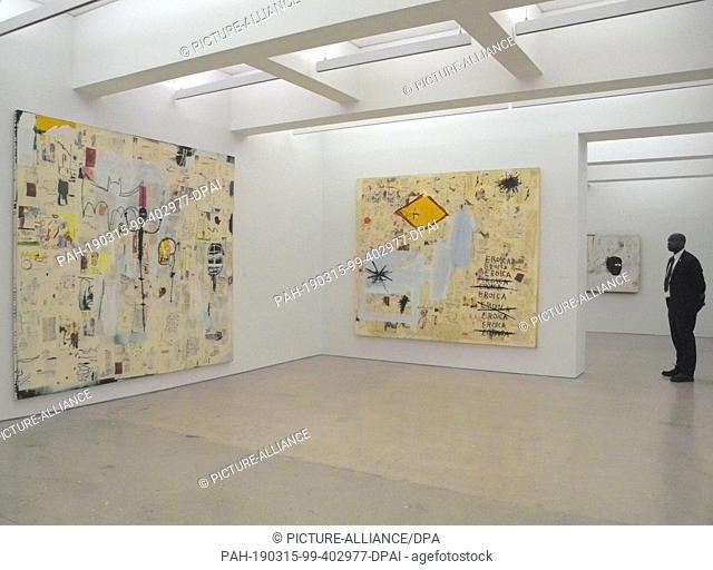 13 March 2019, US, New York: The photocopy works ""Untitled"" (l) and ""Eroica"" (r) by the artist Jean-Michel Basquiat in the show ""Xerox"" at the gallery...