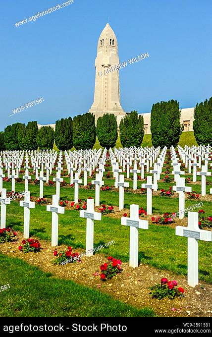 French Military Cemetary at Douaumont, Verdun, France. The ossuary containing the remains of soldiers who died on the battlefield during the Battle of Verdun in...