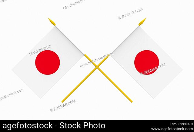 Two crossed flags of Japan, 3d render, isolated on white