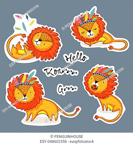 Set of stickers with cute lions, king of the jungle. Vector illustration