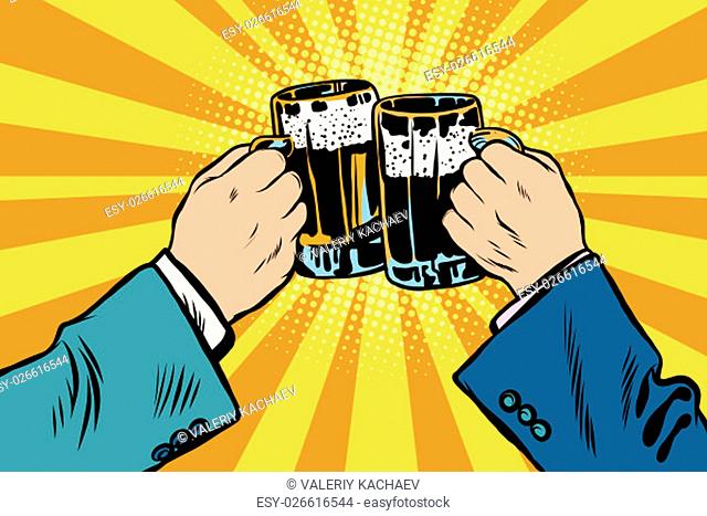 St. Patrick Day or Oktoberfest toasting hands beer party poster. People clinking beer glasses. Pub, bar pop art retro vector