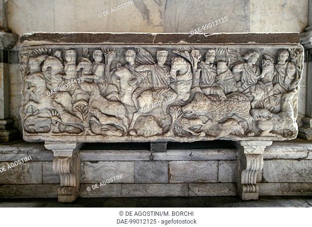 Meleager hunting the Calydonian wild boar, relief on a Roman sarcophagus, Monumental Cemetery of Pisa (UNESCO World Heritage Site, 1987), Tuscany, Italy