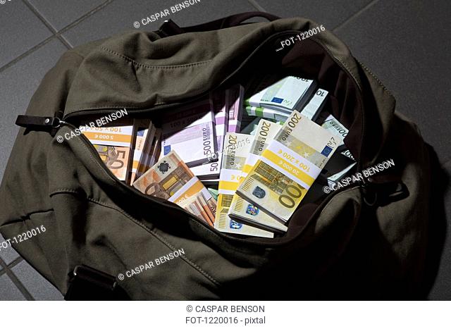 A bag full of large billed Euro banknotes