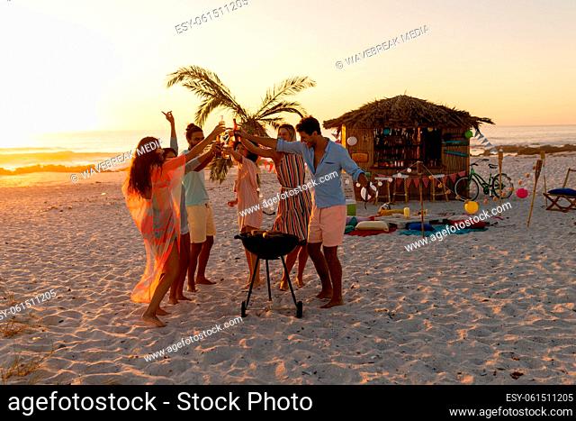 Mixed race friends doing barbecue and drinking alcohol on beach