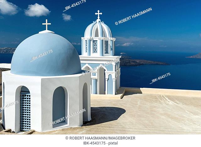 Church, blue Dome and bell tower, Firostefani, Santorini, Cyclades, Greece