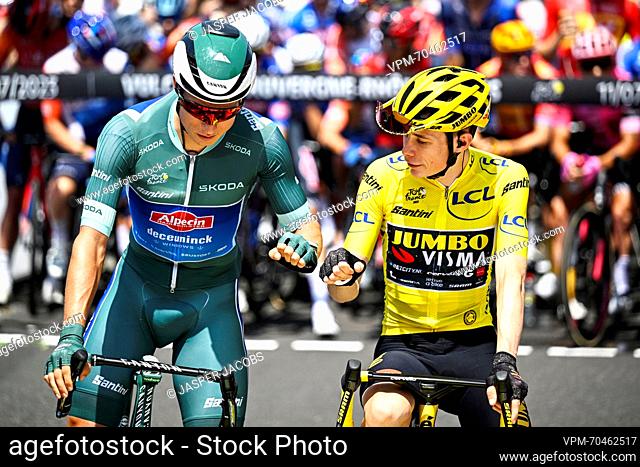 Belgian Jasper Philipsen of Alpecin-Deceuninck and Danish Jonas Vingegaard of Jumbo-Visma pictured at the start of stage 10 of the Tour de France cycling race