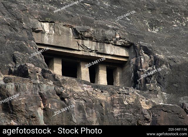 Ajanta Caves, Aurangabad, Maharashtra, India General-View of the façade of Cave No. 3