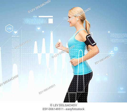 sport, excercise, technology, internet and healthcare - sporty woman running and listening to music from smartphone